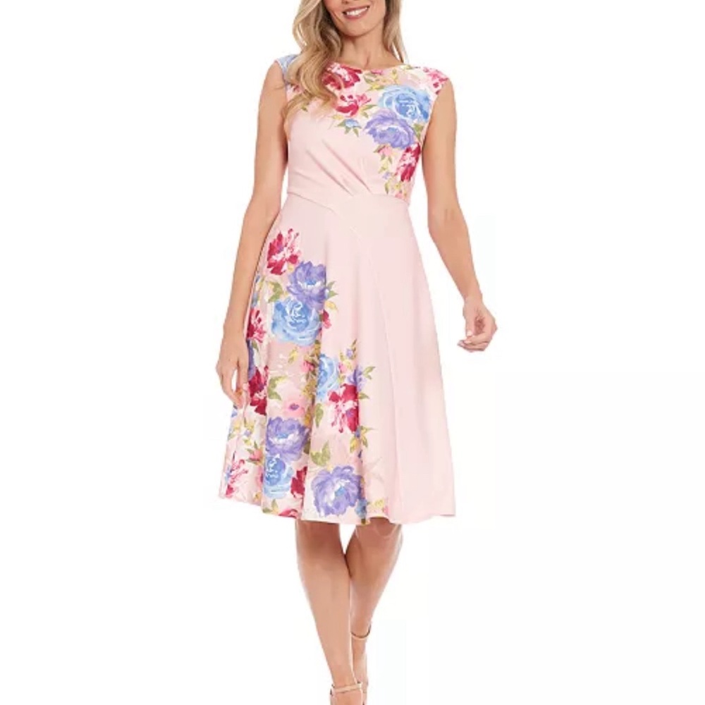 London Times Pink Blue Floral Wedding Guest Midi Dress Womens 16 NWT Macy